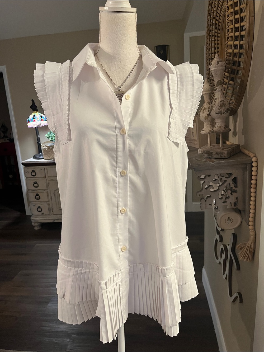 Anthropologie White Pleated Flutter Sleeve Button-Down Shirt